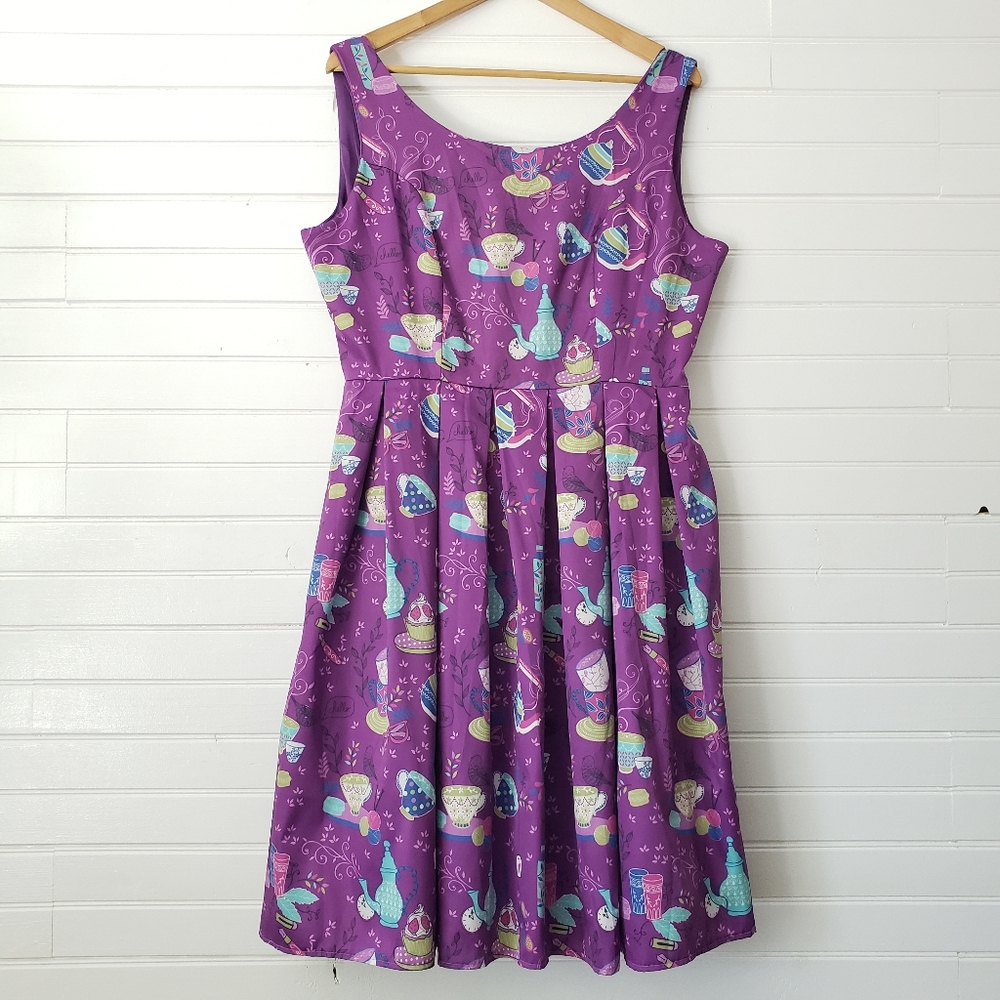 Lindy Bop Lana Purple Teacups Print Fit and Flare Dress